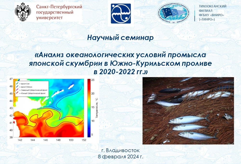 Анонс научного семинара  «Анализ океанологических условий промысла японской скумбрии  в Южно-Курильском проливе в 2020-2022 гг.»